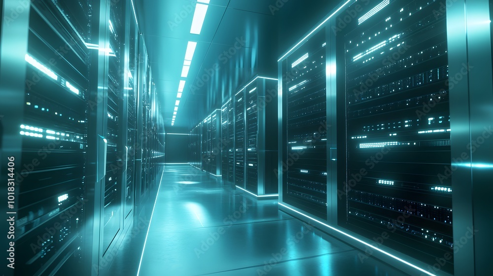 A large server room with rows of high-tech, glowing computer equipment A large server room with rows of high-tech, glowing computer equipment