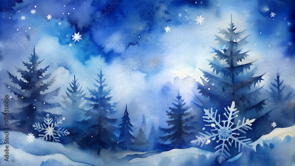 Magical snowy forest with dreamy purple sky and sparkling snowflakes