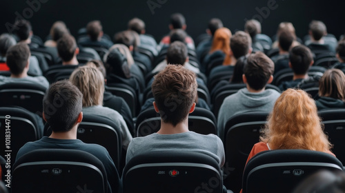 A diverse group of people seated in theater, focused on presentation. audience displays various hairstyles and colors, creating vibrant atmosphere