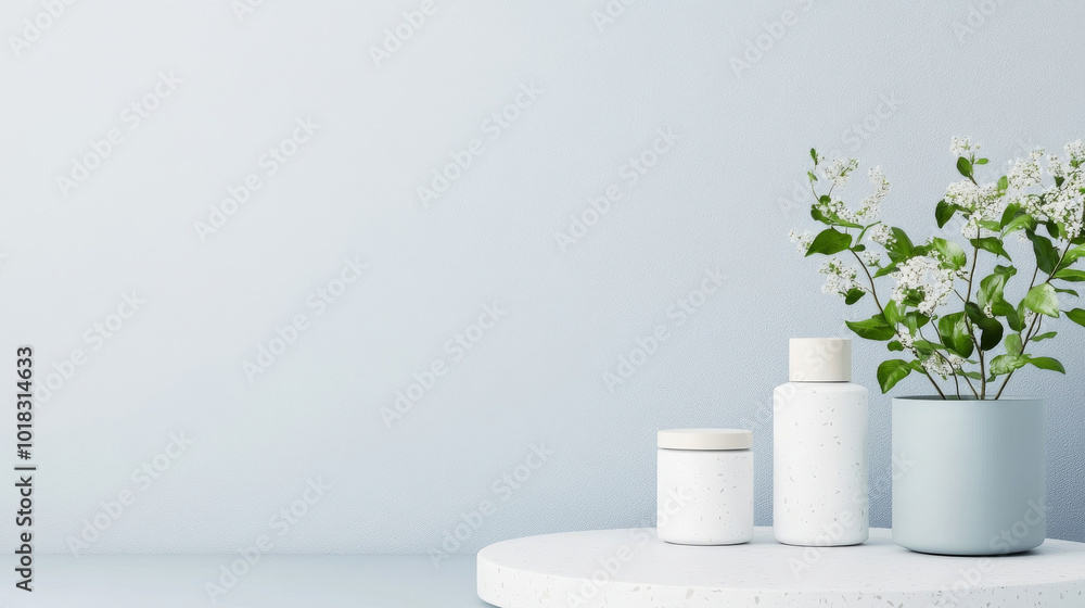 A serene arrangement featuring white containers and green plant, set against soft blue background. This minimalist decor adds touch of elegance and tranquility to any space