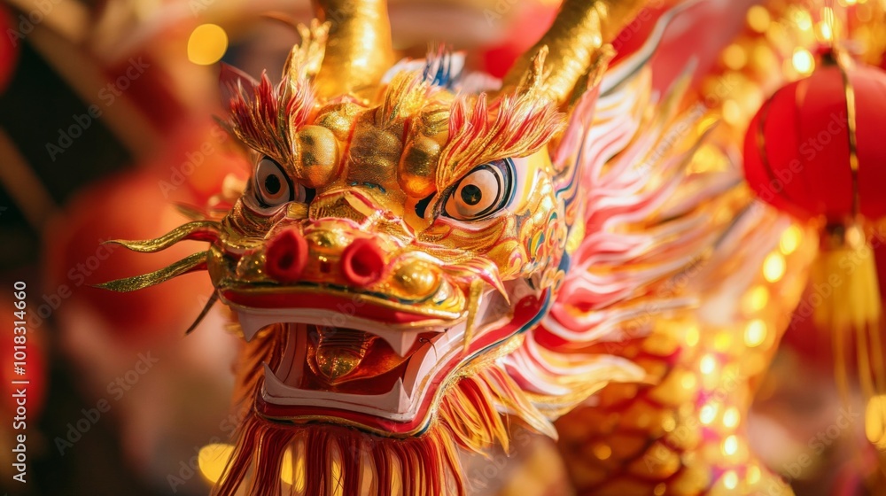 Close-up of a Golden Dragon Head with Red and White Details Close-up of a Golden Dragon Head with Red and White Details