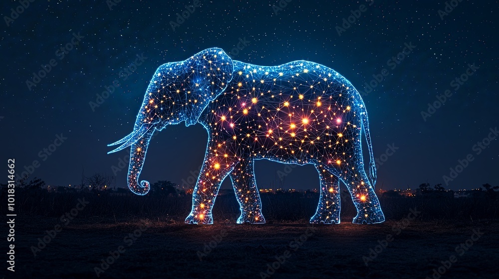 An intricately detailed elephant constructed from bright, spark-like features against a dark background, conveying a sense of dynamism and curiosity. An intricately detailed elephant constructed from bright, spark-like features against a dark background, conveying a sense of dynamism and curiosity.