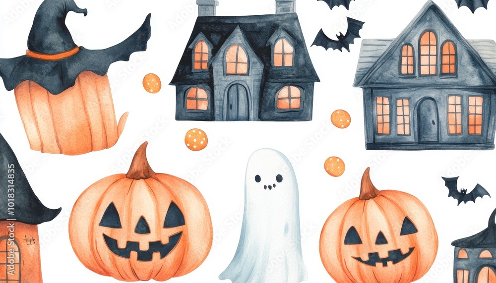 Fototapeta premium Watercolor Halloween Illustration with Pumpkins, Ghosts, and Houses