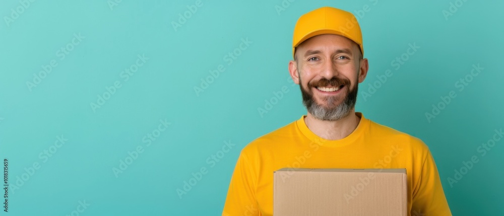 Happy Delivery Person in Yellow Uniform Holding Package Against Turquoise Background Happy Delivery Person in Yellow Uniform Holding Package Against Turquoise Background