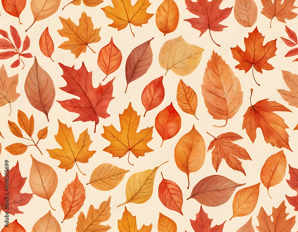 Fototapeta premium This cozy seamless pattern captures the beauty of fall with delicately painted orange and red leaves on a light background. Perfect for adding a touch of autumn to your designs.
