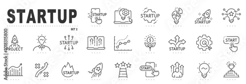 Set of startup related line icons. Launch, rocket, project, development etc. Editable stroke. Set 2