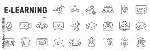 Set of e-learning related line icons. Education, online, seminar, conference etc. Editable stroke. Set 2
