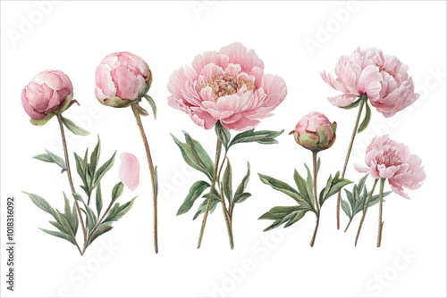 Set of vintage watercolor elements with elegant pink peonies for decor
