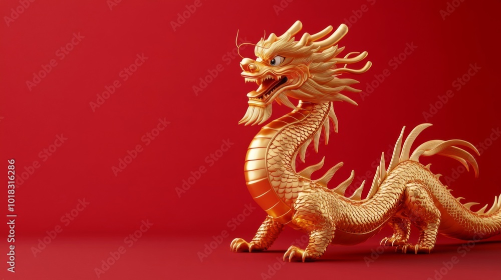 Obraz premium Golden Dragon Figurine on Red Background