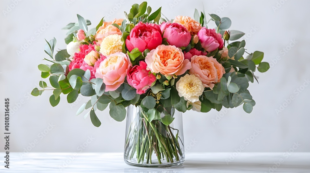 A vibrant floral arrangement of mixed roses, peonies, and eucalyptus in a clear glass vase, set on a white marble countertop with bright natural lighting, embodying a romantic spring theme. A vibrant floral arrangement of mixed roses, peonies, and eucalyptus in a clear glass vase, set on a white marble countertop with bright natural lighting, embodying a romantic spring theme.