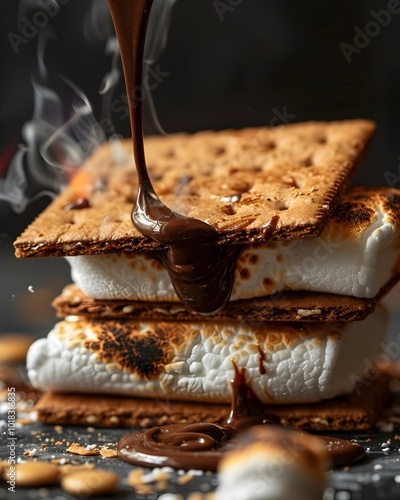 Melty S more Campfire Treat Between Graham Crackers with Gooey Marshmallow photo