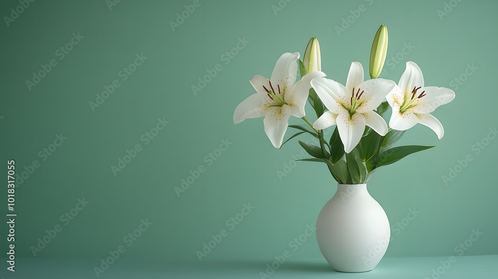 Elegant white lilies in a simple vase, set against a pale green background, featuring a minimalist arrangement and soft lighting, radiating a serene and clean aesthetic. Elegant white lilies in a simple vase, set against a pale green background, featuring a minimalist arrangement and soft lighting, radiating a serene and clean aesthetic.