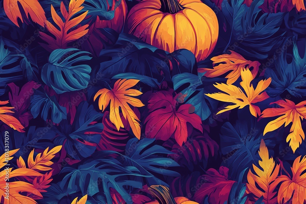 A vibrant digital illustration pattern of colorful leaves, pumpkins, and a skull in the background A vibrant digital illustration pattern of colorful leaves, pumpkins, and a skull in the background