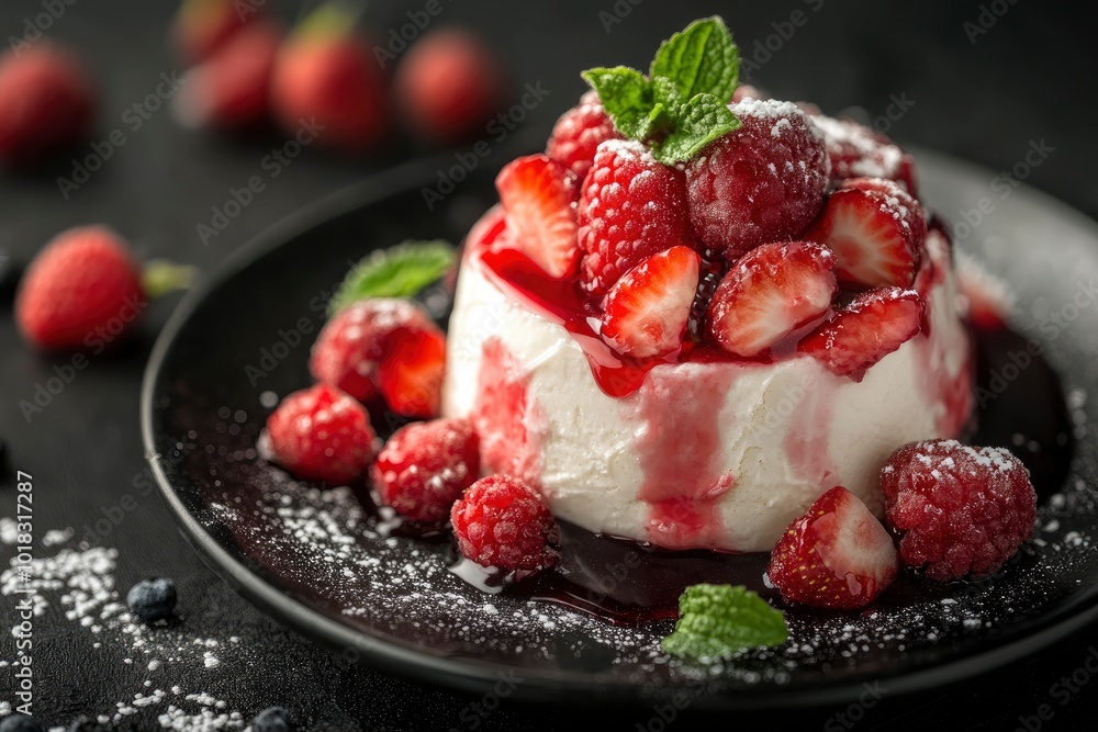 Sweet dessert on a black background - generative ai Sweet dessert on a black background - generative ai
