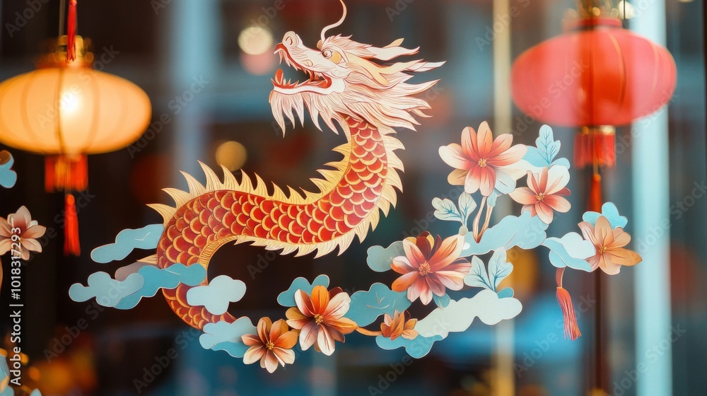 Chinese Dragon and Flowers Decorated Window Chinese Dragon and Flowers Decorated Window