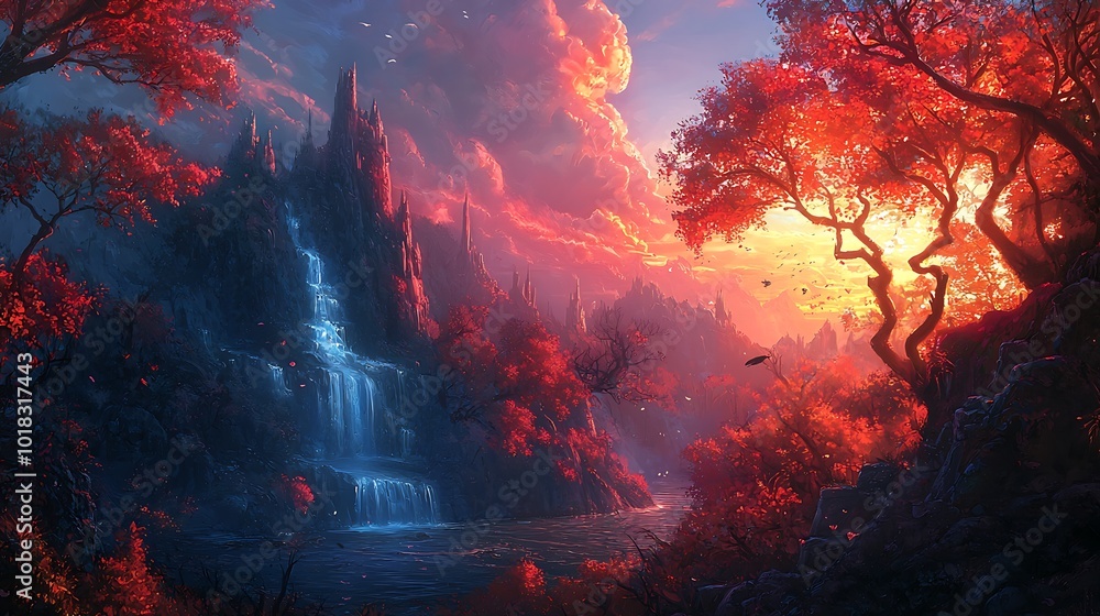 Fototapeta premium A fantasy landscape with a castle, waterfall, and red trees.