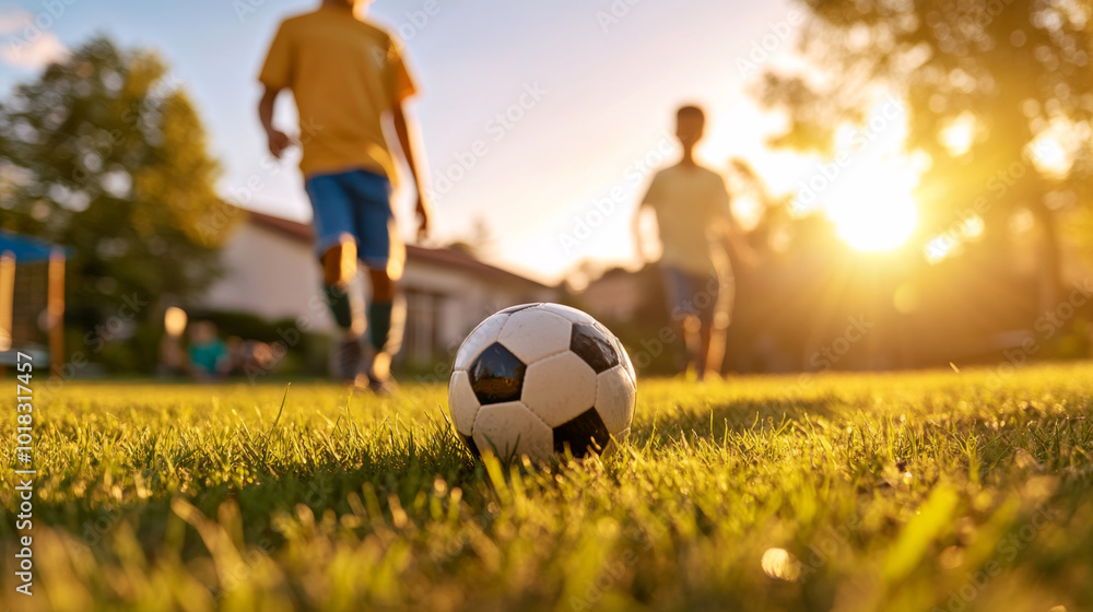 Fototapeta premium Children playing soccer in sunny backyard, with soccer ball in focus on grass. warm sunlight creates joyful atmosphere, capturing essence of outdoor play