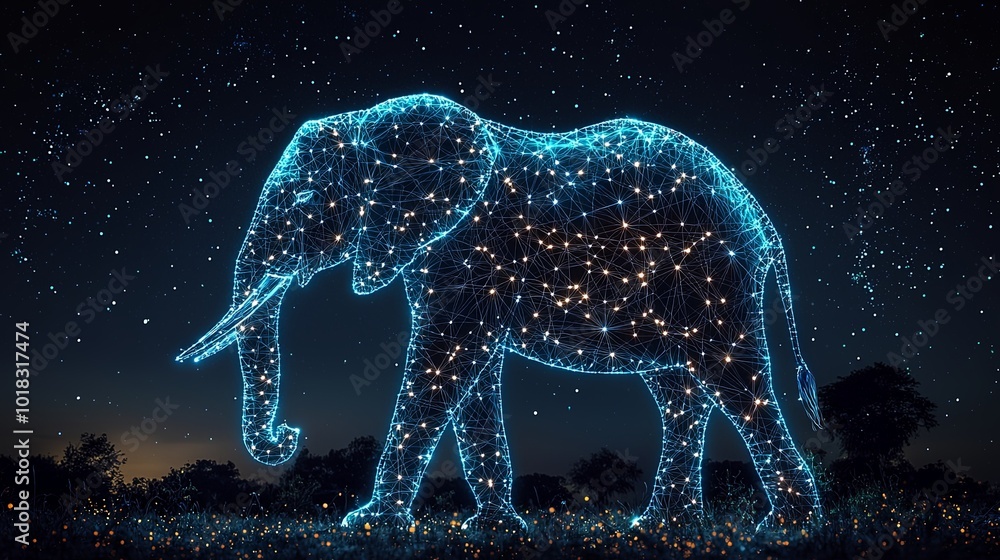 A digital formation of an elephant created from intricate networks of radiant points and wires, standing out vividly against a sparkling night sky backdrop. A digital formation of an elephant created from intricate networks of radiant points and wires, standing out vividly against a sparkling night sky backdrop.