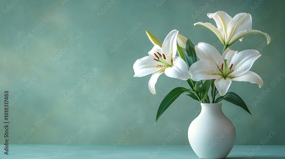 Elegant white lilies in a simple vase, set against a pale green background, featuring a minimalist arrangement and soft lighting, radiating a serene and clean aesthetic. Elegant white lilies in a simple vase, set against a pale green background, featuring a minimalist arrangement and soft lighting, radiating a serene and clean aesthetic.