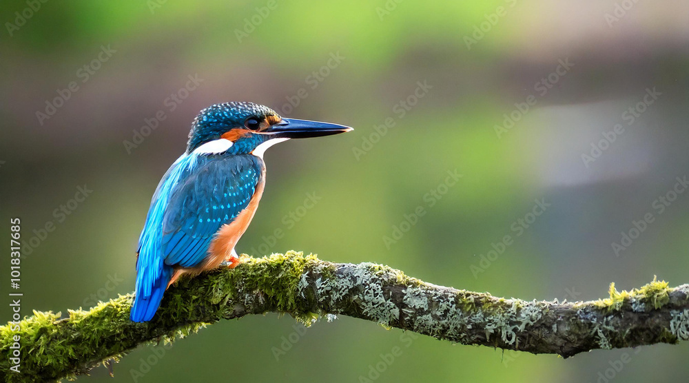 Blue kingfisher on the river on a mossy branch in the morning mist, close-up Blue kingfisher on the river on a mossy branch in the morning mist, close-up