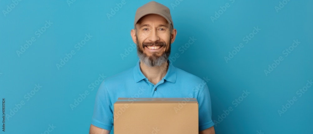 Friendly Delivery Person Holding Package in Front of Blue Background Friendly Delivery Person Holding Package in Front of Blue Background