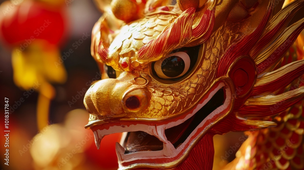 Close-up of a Golden Dragon's Head with Red and Gold Details Close-up of a Golden Dragon's Head with Red and Gold Details