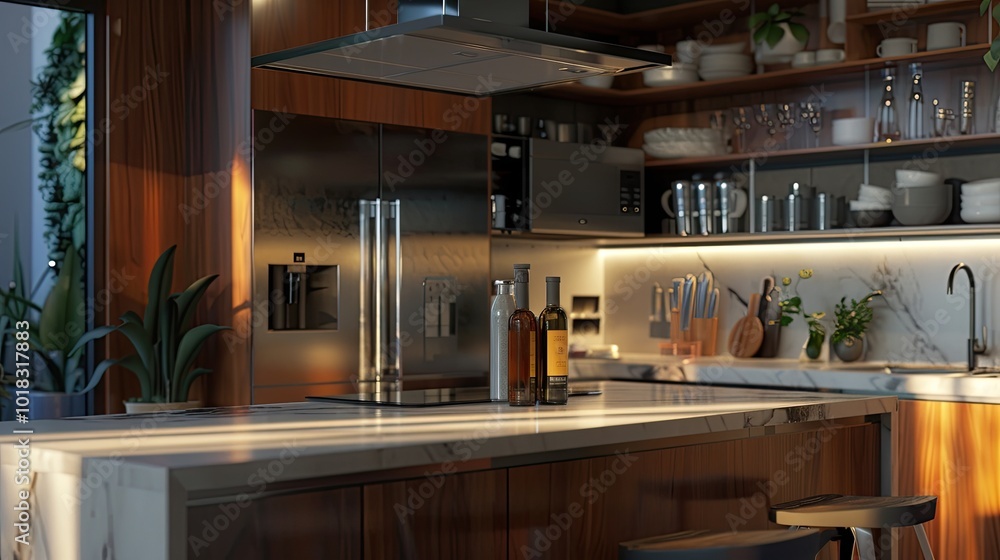 A modern kitchen with sleek appliances, a marble countertop, and stylish decor A modern kitchen with sleek appliances, a marble countertop, and stylish decor