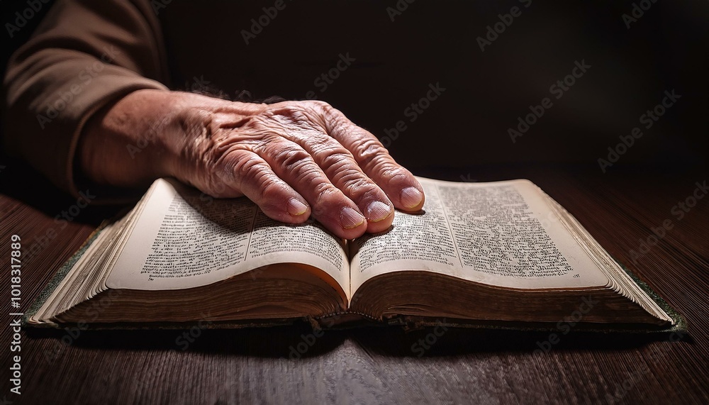 A wrinkled hand resting lightly on an open Bible A wrinkled hand resting lightly on an open Bible