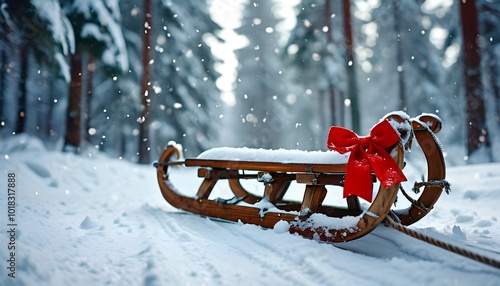 Festive Winter Wonderland A Rustic Wooden Sled Decorated with a Bright Red Bow in a Snowy Landscape photo