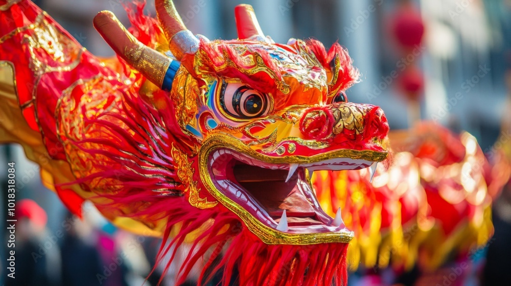 Fototapeta premium Close-up of a Red and Gold Dragon Costume Head