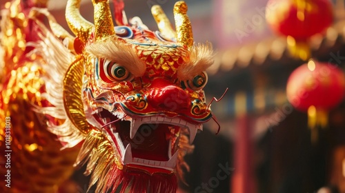 A Close-Up of a Dragon Costume with Red and Gold Details photo