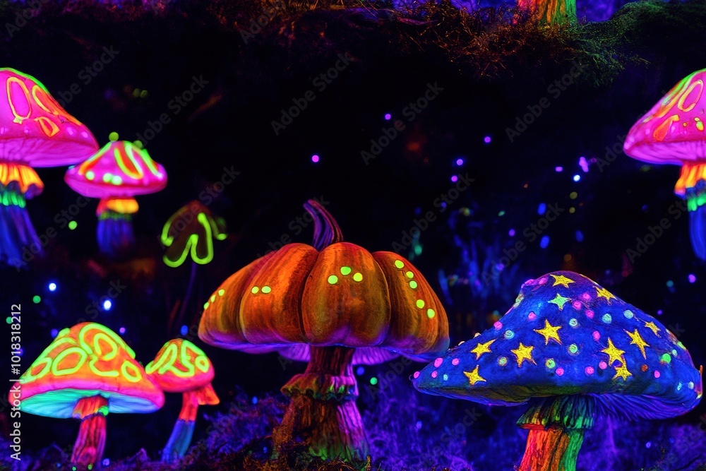 Neon rainbow mushrooms with pumpkin on a black background, with stars that glow in the dark Neon rainbow mushrooms with pumpkin on a black background, with stars that glow in the dark