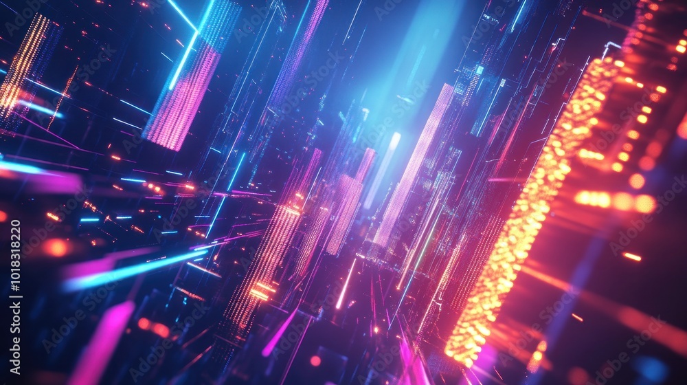 Futuristic abstract illustration of neon cubes and geometric structures on a dark background Futuristic abstract illustration of neon cubes and geometric structures on a dark background