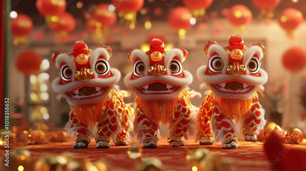 Fototapeta premium Three Red and Gold Chinese Lion Dance Costumes