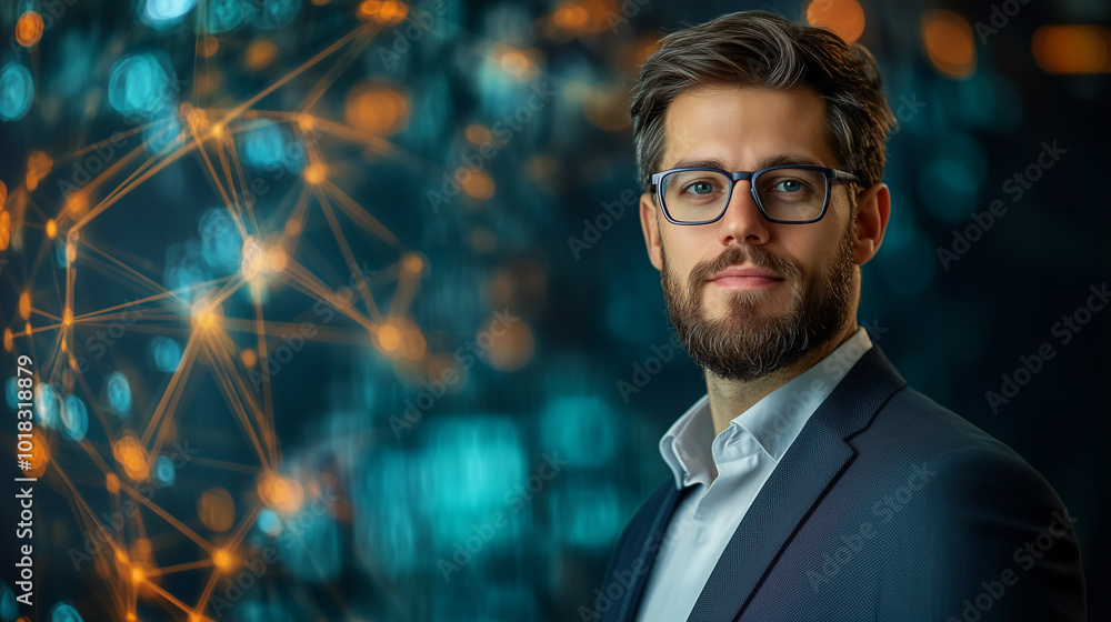 Fototapeta premium confident man in suit with glasses stands against blurred background of digital connections, exuding professionalism and intelligence