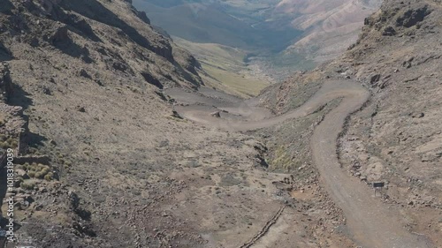Aerial view from top of Sani Pass, infamous gravel road mountain pass between South Africa and Lesotho