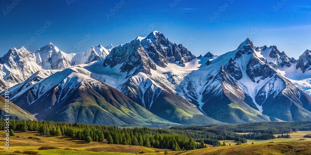 Obraz premium Mountain range with snowy peaks, clear sky, and wide angle shot
