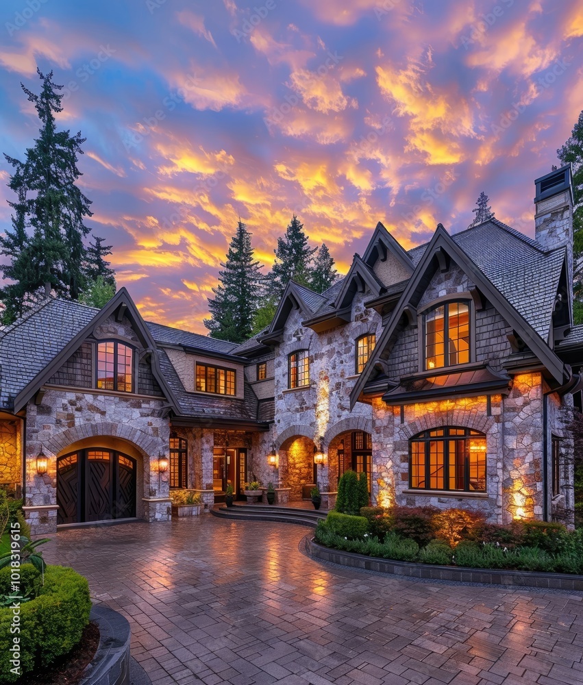 photo of beautiful luxury home in the pacific northwest, stone exterior with shingle roof and front door, driveway, sunset, detailed photo of beautiful luxury home in the pacific northwest, stone exterior with shingle roof and front door, driveway, sunset, detailed