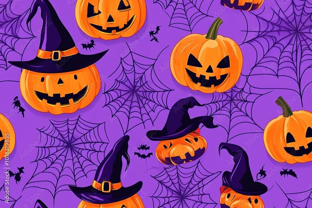 Halloween pattern with spider webs, pumpkins, and witch hats on a purple background Halloween pattern with spider webs, pumpkins, and witch hats on a purple background