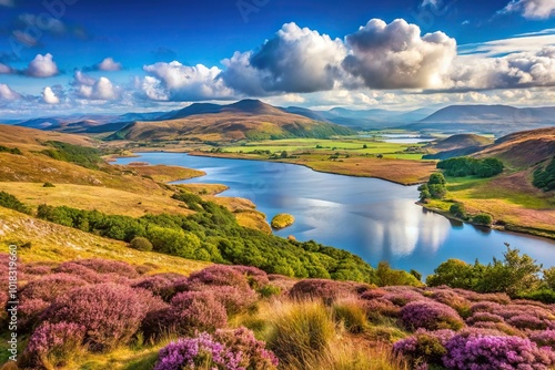 Mountain ranges and lush heathland overlooking a river estuary in Eryri, Snowdonia photo