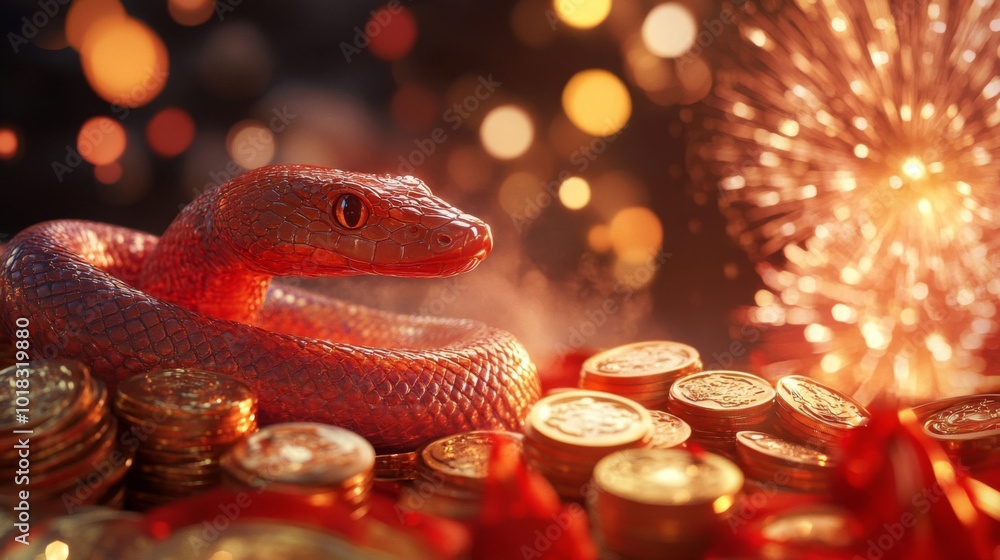 Red Snake Coiled on Gold Coins with Fireworks in the Background Red Snake Coiled on Gold Coins with Fireworks in the Background