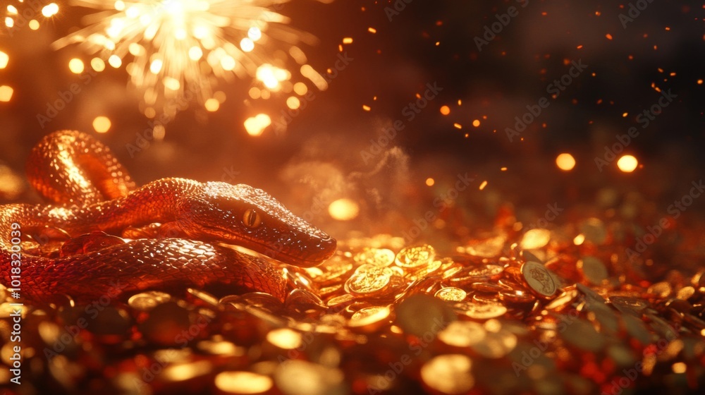 Golden Snake Coiled on a Pile of Gold Coins with Fireworks in the Background Golden Snake Coiled on a Pile of Gold Coins with Fireworks in the Background