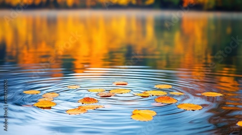 Yellow leaves gently floating across a calm lake, reflecting the warm colors of autumn, with soft ripples creating a serene fall mood.