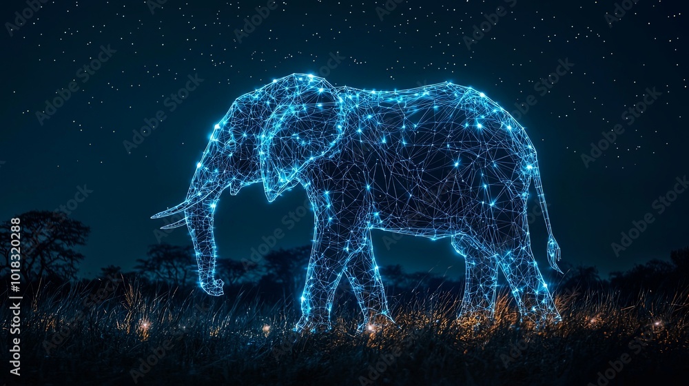 A luminous digital elephant set against a star-filled nightscape, its form composed of shimmering blue connections, evokes a sense of wonder and creativity. A luminous digital elephant set against a star-filled nightscape, its form composed of shimmering blue connections, evokes a sense of wonder and creativity.