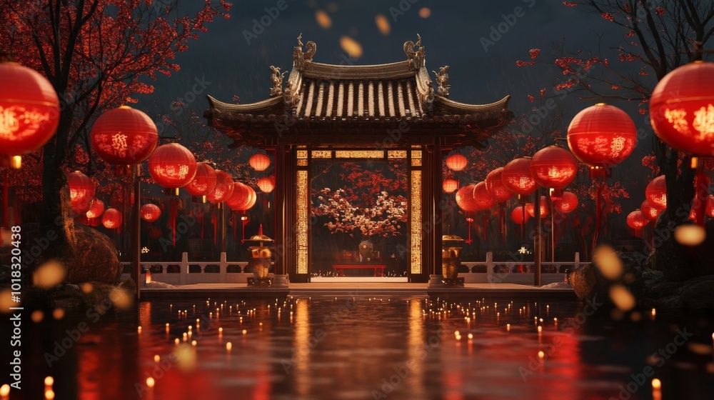 Fototapeta premium Traditional Chinese Temple Gate with Red Lanterns and Reflecting Pond