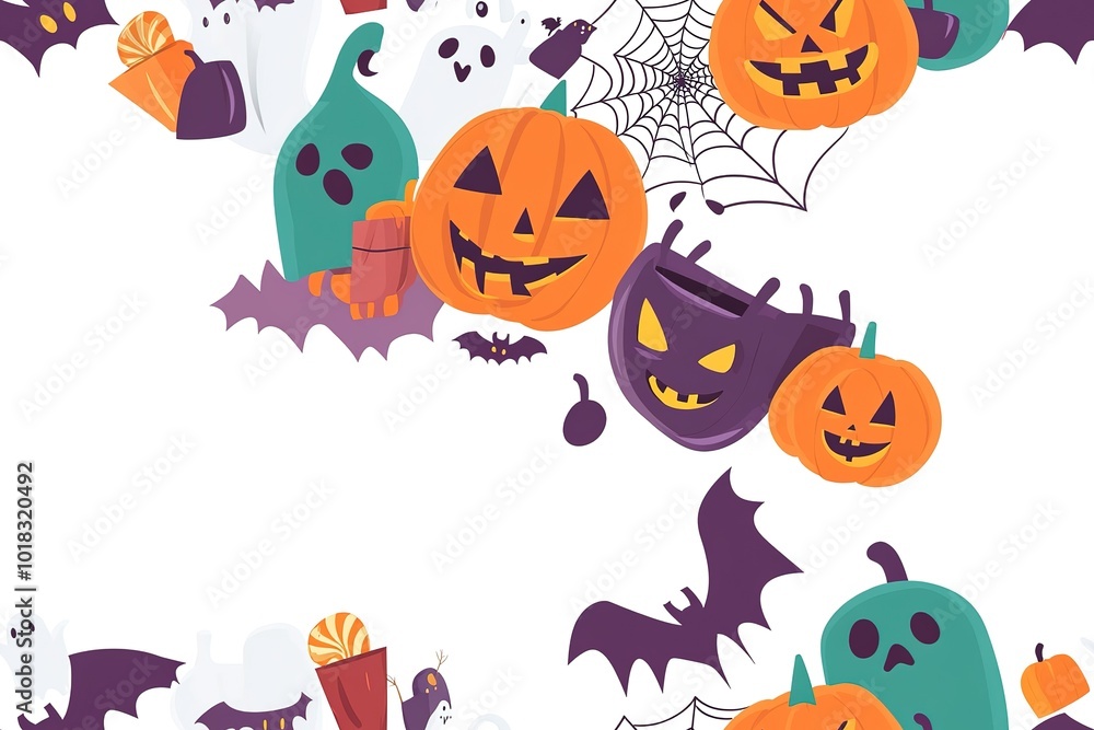 Halloween themed background with pumpkins, ghosts and jack o lanterns, white space in the center for text Halloween themed background with pumpkins, ghosts and jack o lanterns, white space in the center for text