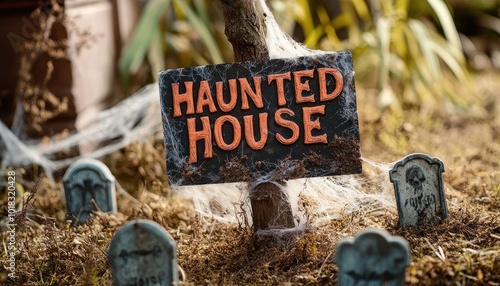 Haunted House Sign with Spiderwebs and Tombstones photo