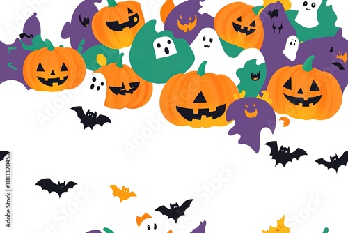 Halloween themed background with pumpkins, ghosts and jack o lanterns, white space in the center for text