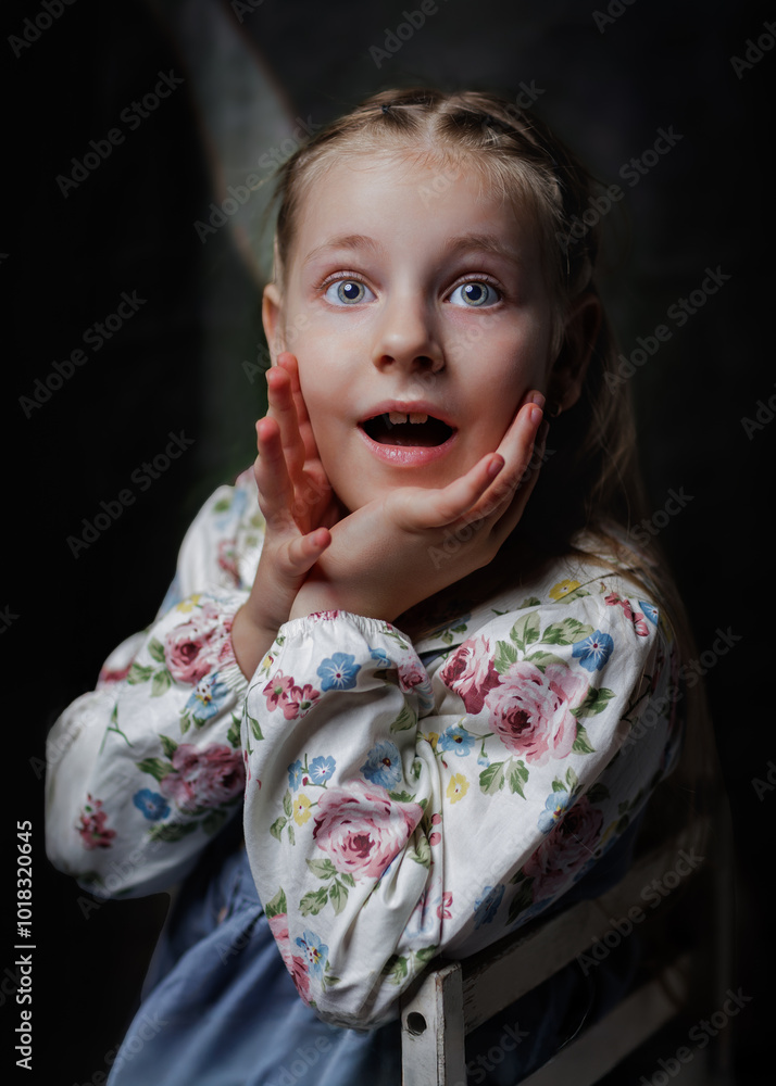 Portrait of a young girl in a floral dress with various emotions on a dark background. Portrait of a young girl in a floral dress with various emotions on a dark background.