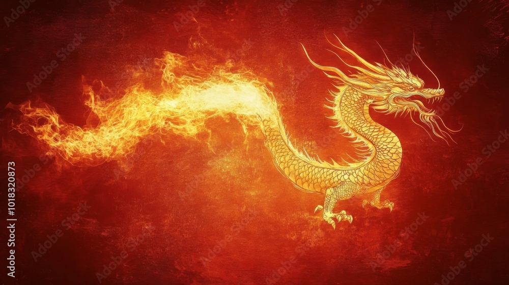 Golden Dragon with Fiery Tail on Red Background Golden Dragon with Fiery Tail on Red Background